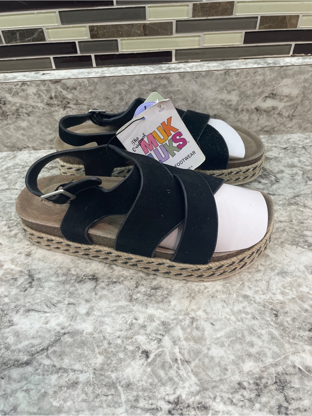 Muk Luk Black Suede Sandals Size 9 NWT